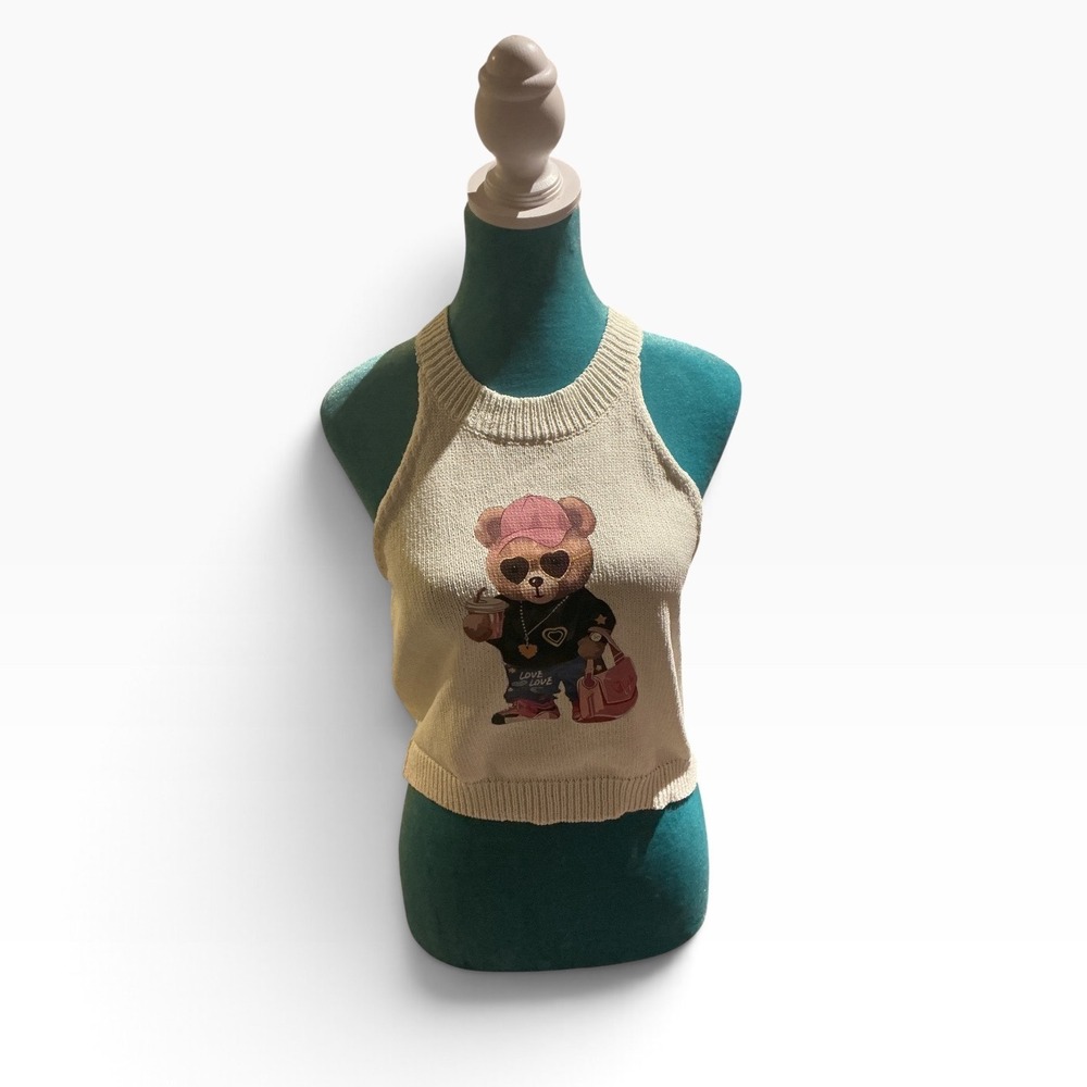 Graphic Teddy Bear Knit Tank Top Cream Sleeveless Racerback Cropped Sweater